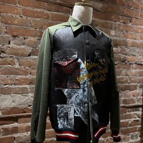 Pihakapi “Wanna Fight No More” Mixed-Media Leather & Wool Jacket - Picture 2 of 11